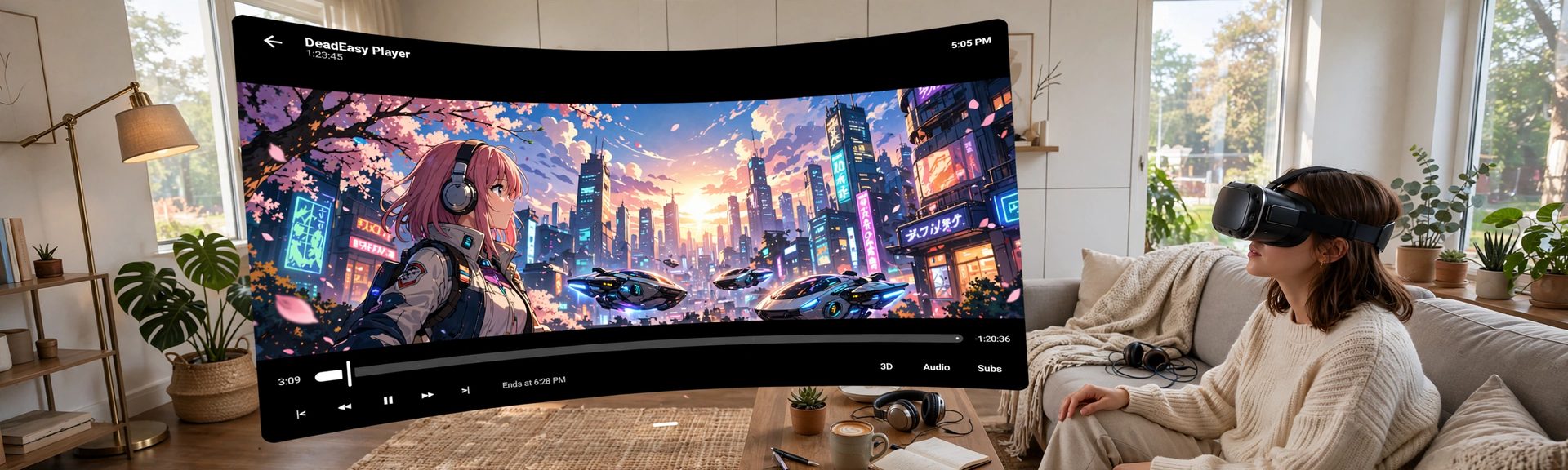 Person wearing a VR headset, watching a movie on a large virtual screen in their living room